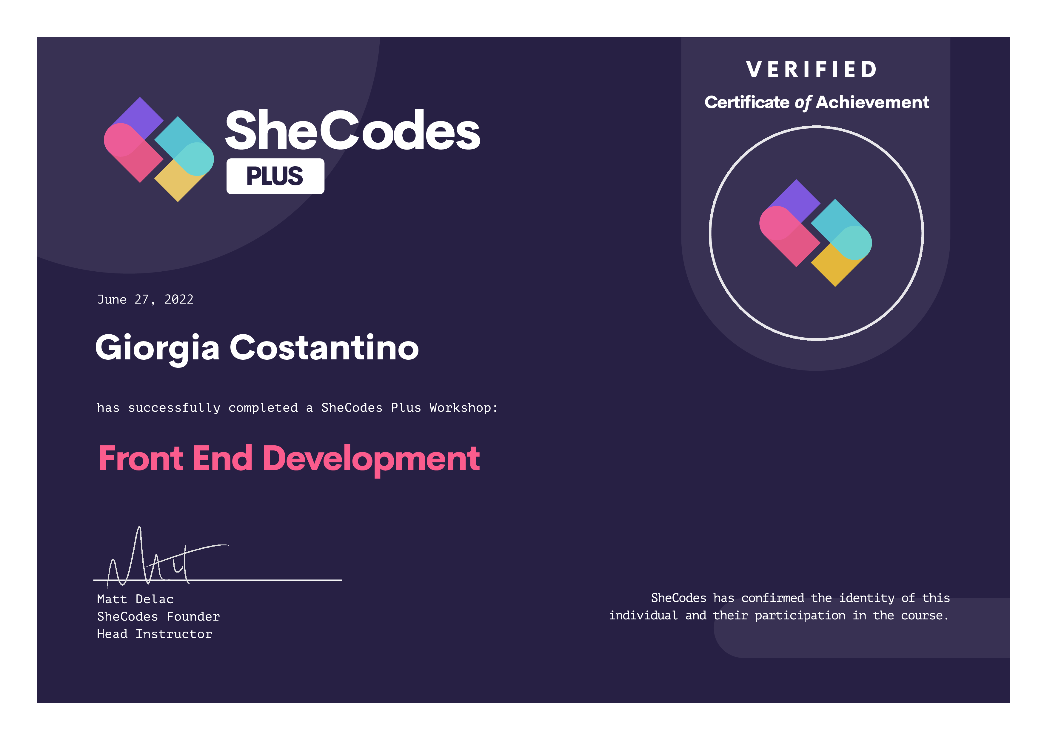 Certificate of Giorgia - Front-end Development with SheCodes